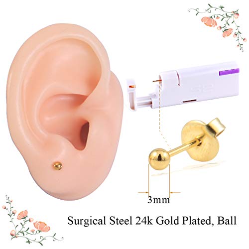 Firstomato 2PCS Disposable Ear Piercing Kit Ear Piercing Gun Self Use Ear Piercings Kit Cartilage Piercing Gun with Hypoallergenic Earrings(3mm Ball,24kt Gold) - color: Ball,24Kt Gold, size: 3.0mm