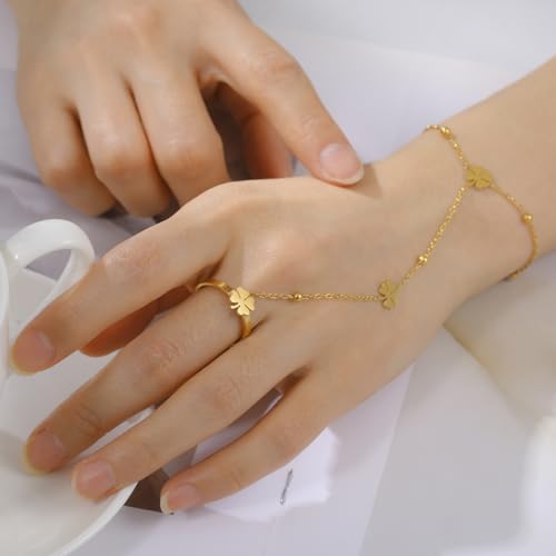 UNIFT Hand Chain Bracelets for Women Set Stainless Steel Adjustable Heart or Four-Leaf Clover Ring Chain Bracelet Trendy Dainty Jewelry Set Gifts - color: gold2