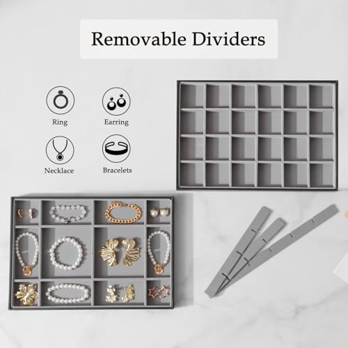 Large Jewelry Organizer Tray, Stackable Jewelry Storage Holder PU Leather Velvet Jewellery Display Case for Stud Earring Bracelet Necklace Ring (Black Gray, 24 Grids) - color: Black Gray