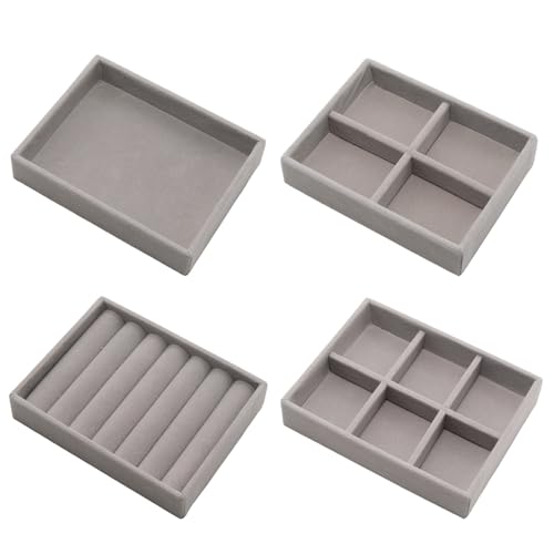 Small Jewelry Tray Set 4 Pcs Grey Velvet Stackable Jewelry Organizer Tray Mini Jewelry Drawer Organizer for Necklace Ring Earrings Jewelry (4 Styles) - color: Grey