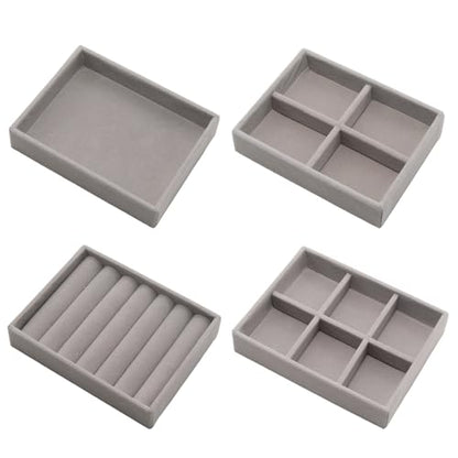 Small Jewelry Tray Set 4 Pcs Grey Velvet Stackable Jewelry Organizer Tray Mini Jewelry Drawer Organizer for Necklace Ring Earrings Jewelry (4 Styles) - color: Grey