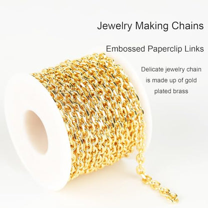 Jabogrii 16.4 Feet 18K Gold Brass Jewelry Chains Roll Oval Paperclip Chains | DIY Necklace Bracelet Chain with Lobster Clasps and Open Jump Rings for Jewelry Making - color: Cable Gold