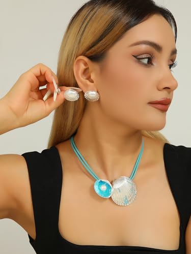 Chunky Statement Jewelry Set Blue Ocean Seashell Choker Necklaces Earrings Set for Women Pearl Bib Collar Necklaces for Party Prom Pageant Summer Fashion Jewelry Unique Birthday Gift - style: shell pearl JS silver blue