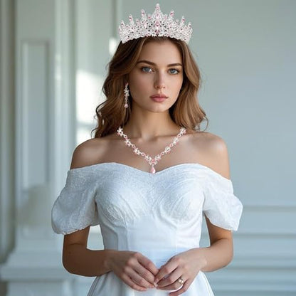 Crystal Crown Jewelry Set for Women Bride Queen Tiara Earrings and Necklace | Metal Royal Crown Costume Jewelry Set Wedding Prom Quinceanera Party Pageant Halloween Retirement Christmas Birthday Gift - color: Silver Pink
