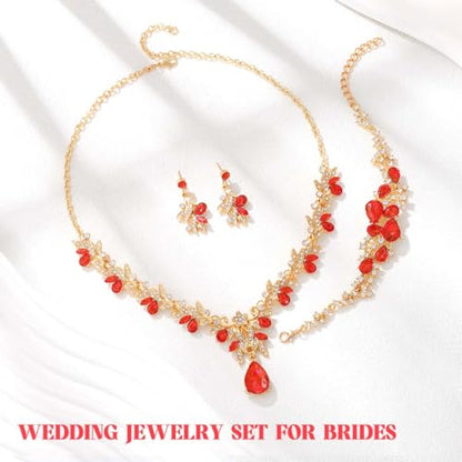 Sixexey Bridal Wedding Jewelry Set Crystal Neck Jewelry Rhinestone Wedding Prom Jewelry Accessories for Women - color: Red Crystal