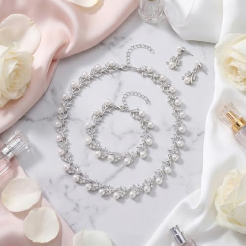 Rhinestone Pearl Jewelry Set Bracelet Necklace Earring for Women | Adjustable Extension Chain, Wedding Bridal Accessories, Faux Pearl Rhinestone Combo, Elegant Gift for Women - color: Silver