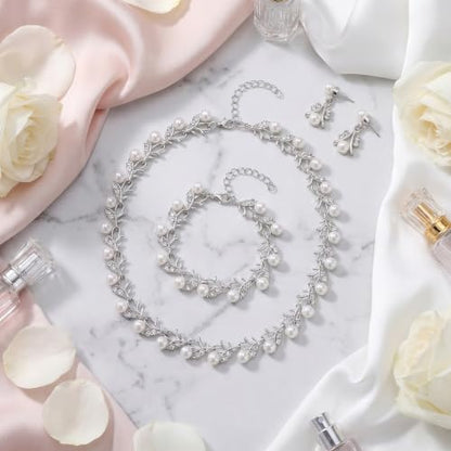 Rhinestone Pearl Jewelry Set Bracelet Necklace Earring for Women | Adjustable Extension Chain, Wedding Bridal Accessories, Faux Pearl Rhinestone Combo, Elegant Gift for Women - color: Silver