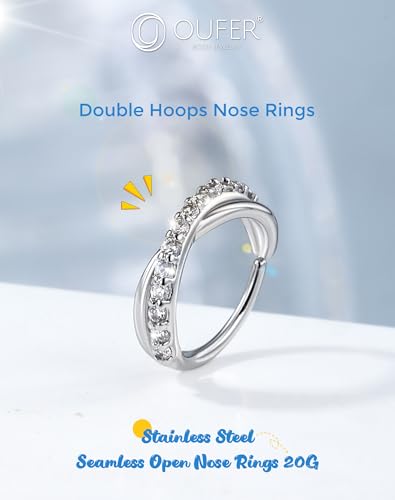 OUFER Nose Rings Silver, 20G Double Hoop 8MM Nose Rings, Seamless Stainless Steel Rook Daith Piercing Jewelry for Women & Men - style: Style5-Sliver Braids