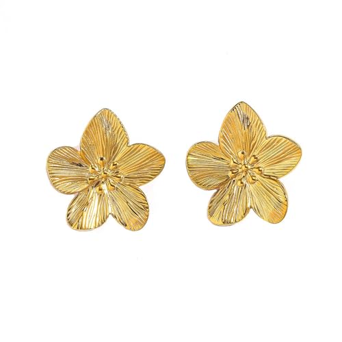 Gold Statement Earrings For Women, 14K Gold Plated Textured Geometric Drop Earrings - Hypoallergenic Stainless Steel Statement Earrings for Women, Waterproof Fan-Shaped Dangle Earrings for Beach & Daily Wear - color: Flower DKE252067GL