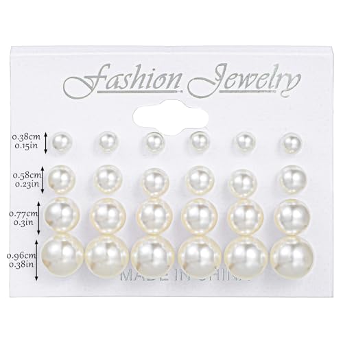 24 Pairs Pearl Studs Earrings for Women, Faux Simulated Pearl Earrings 4 Mixed Sizes Round Ball Pearls Stud Earring Set - color: Beige