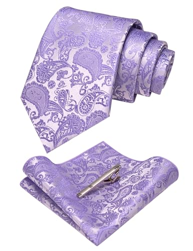 JEMYGINS Mens Solid Color Paisley Necktie and Pocket Square with Tie Clip Sets - color: Lavender