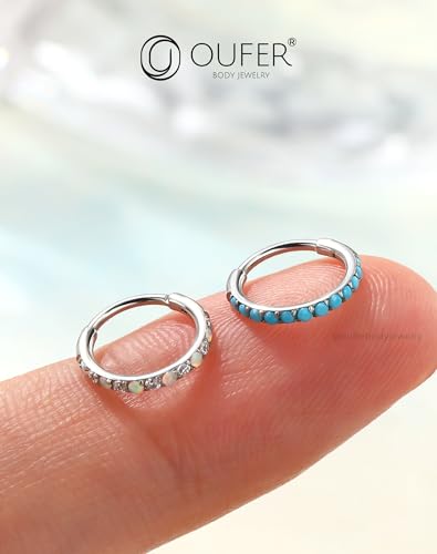 OUFER Turquoise CZ Opal Nose Rings for Women, 316L Surgical Steel 6MM Nose Rings Hoops, Silver Hinged Segment Septum Lip Eyebrow Cartilage Conch Rook Helix Tragus Daith Piercing Jewelry-6/7/8MM - color: Silver, Turqoise and Opal