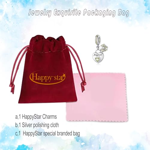 HappyStar 925 Sterling Silver Happy Birthday Bead Charm Love Heart Shape Birthstone Charms for Bracelets Dangle Pendant with 5A Cubic Zirconia Compatible Pandora Bracelets Jewelry Gift for Women - color: 8-August Birthstone Charms