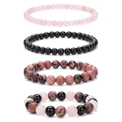 Vinswet 4pcs Beaded Bracelets for Women,Natural Healing Crystal Gemstones Bracelet,Anxiety Stress Relief Bracelet Handmade purple Jewelry Gifts for Women - color: Rose Quartz&Obsidian&Rhodonite