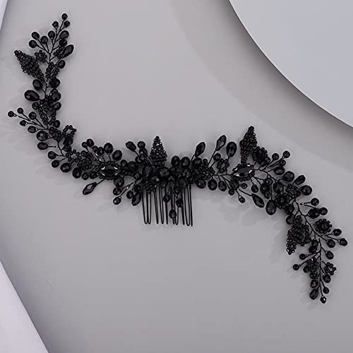 Chargances Crystal Beaded Bridal Hair Vine Comb with Pearls, Black Rhinestone Handmade Headpiece for Wedding, Prom, Flower Girl - color: Black