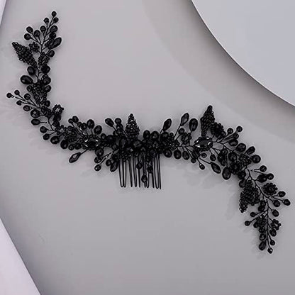 Chargances Crystal Beaded Bridal Hair Vine Comb with Pearls, Black Rhinestone Handmade Headpiece for Wedding, Prom, Flower Girl - color: Black