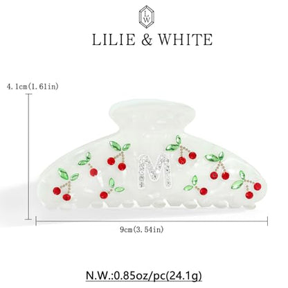 LILIE&WHITE Christmas Gift Acrylic Cherry Letter Hair Clips For Women | With RhinestonesInitial Hair Claws For Thick Hairs Trendy Monogram Large Clips Fashion Big Claw Clip Jewelry Gift Alphabet M - color: HC22959M