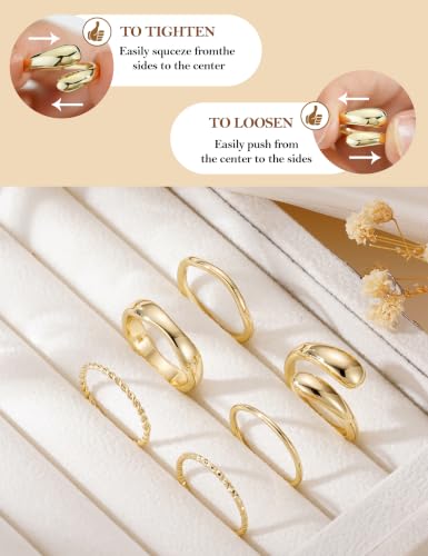 Apsvo Gold Rings for Women Non Tarnish, 6Pcs 14K Gold Plated Stackable Chunky Rings Set Trendy Statement Wedding Bands Pinky Thumb Rings Stacking Size 5-10 - color: Gold