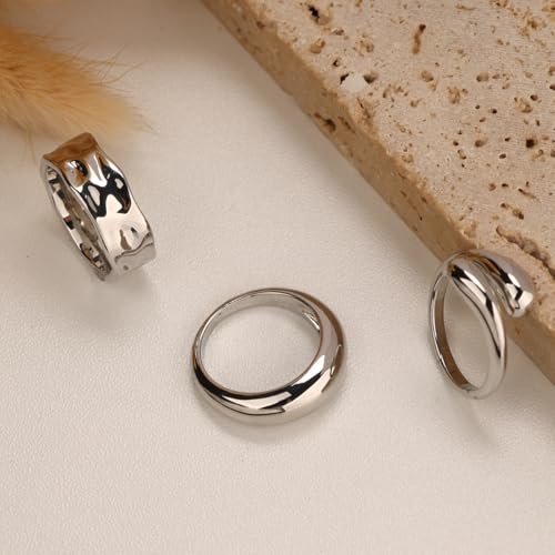 Chunky Gold Rings for Women Non Tarnish, 18K Gold Plated Statement Dome Rings Stacking,Thumb Ring, Mens Silver Eternity Wedding Band Jewelry Size 5-11 - color: Silver