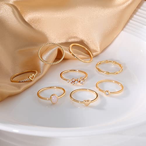 RLMOON Gold Ring Set for Women Dainty Silver Rose Gold Stackable Rings | 14K Gold Plated Simple Heart CZ Pinky Stacking Thumb Rings Plain Band Size 4-12(8-12PCS) - color: Gold Rings