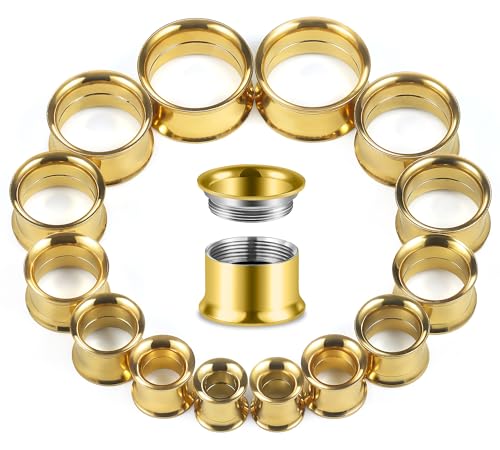 12G-25mm Double Flare Thin Gauges Tunnels Plugs Stretching Kit 316L Surgical Stainless Steel Hollow Gauge Tunnel Plug for Ear 12G 10G 8G 6G 4G 2G 0G 00G 12mm 14mm 16mm 18mm 20mm 22mm 25mm - color: Gold Tone, size: 0G(8.0mm)-22mm