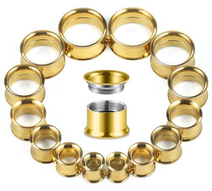 12G-25mm Double Flare Thin Gauges Tunnels Plugs Stretching Kit 316L Surgical Stainless Steel Hollow Gauge Tunnel Plug for Ear 12G 10G 8G 6G 4G 2G 0G 00G 12mm 14mm 16mm 18mm 20mm 22mm 25mm - color: Gold Tone, size: 6G(4.0mm)-18mm