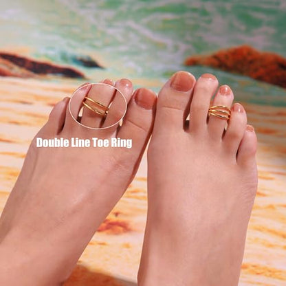 PLOMFOV 14K Gold Filled Gold Toe Rings for Women Adjustable Toe Rings Non Tarnish Solid 14K Real Gold Toe Ring - style: Double Line