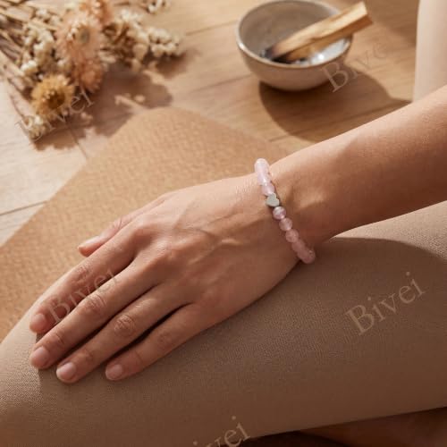 Bivei Crystal Stretch 6mm Bracelets for Women | Handmade Natural Stone Beaded Stretch Bracelet, Stainless Steel Heart Bead, Tranquility Yoga Gift Jewelry for Women - color: Rose Quartz - Self-Love