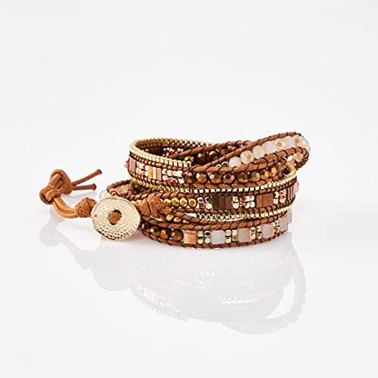 Bracelet for Women – Handmade Vegan Boho Natural Stone Layered Bracelet, Thailand Bohemian Stackable Beaded Wrap Bracelets, Summer Hippie Bracelet Stack, Fashion Jewelry Gifts - color: A6-Caramel