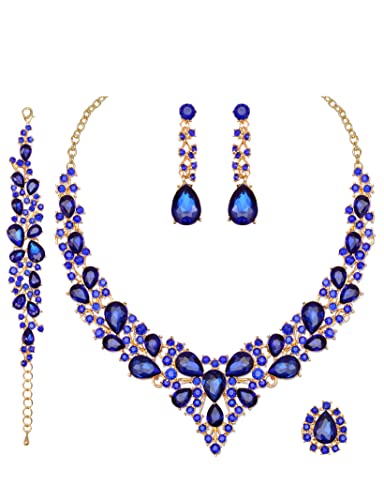 CSY Elegant Crystal Costume Jewelry Sets for Formal Events Gown Accessories | 4-Piece Set Bridal Necklace Earrings Bracelet Ring Set for Brides Eco-friendly Statement Jewelry for Wedding Party Prom - color: Royal blue