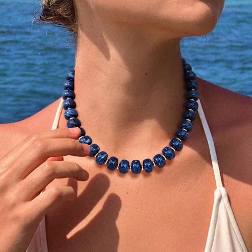 Beaded necklace for Women Boho Bead Gemstone Chunky Necklace Big Bead Necklace Fashion Trendy Summer Necklaces Jewelry Gifts - color: Blue Beaded