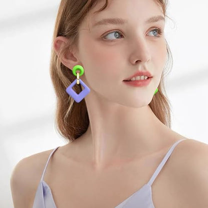70s 80s Vintage Resin Neon Square Dangle Drop Earrings Simplicity Acrylic Hollow Round Circle Geometry Stud Earrings for Women - style: Green Purple