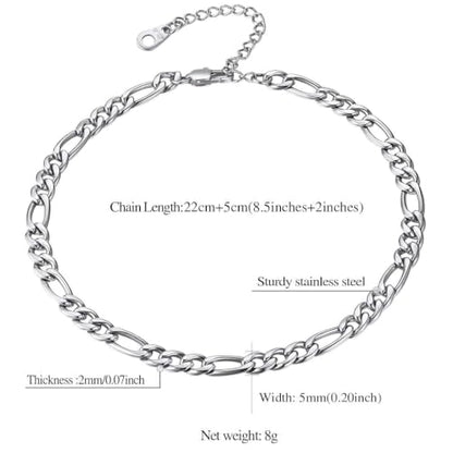 FindChic Stainless Steel Ankle Bracelets for Women, Waterproof Figaro/Cuban/Box/Beaded Chain Anklets, Summer Beach Foot Jewelry, 8.5''-10.5'' Adjustable Length, with Gift Box - style: A Figaro Chain-Silver