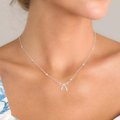 Thaivor Necklace for Women Dainty Bow Necklace 14K Gold Plated Cute Choker Small Pendant Charm Necklaces Teen Gift Trendy Stuff Personalized Jewelry Gifts - color: Silver-Bead-1