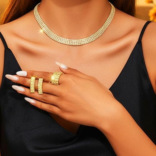 Aukmla Rhinestones Bridal Wedding Jewelry Set Silver Choker Necklaces Earrings Bracelet Ring Sets Prom Jewelry for Women - color: Gold