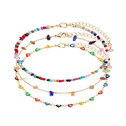 Boho Beaded Ankle Bracelet Beach 18 K Gold Plated Anklet Bracelets Handmade Colorful Seed Beads Butterfly Evil Eye Heart Link Chain Anklet Pack Cute Summer Foot Jewelry for Women - style: beaded ankle bracelet C set