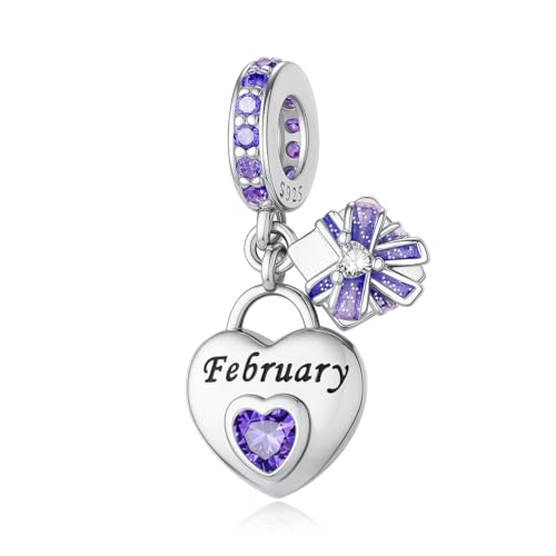 925 Sterling Silver Birthstone Charms Fit for Bracelet and Necklace Happy Birthday Charm Mother's Day Jewelry Gift for Women - color: 2-February