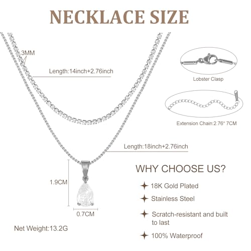 Layered Necklaces for Women, Dainty 14K Gold Plated Diamond Tennis Necklace, Simple Stackable Layered Gold Necklaces for Women Trendy Sparkly Cubic Zirconia Pendant Necklace Set Jewelry Gift - color: Silver- Tennis & Waterdrop Diamond