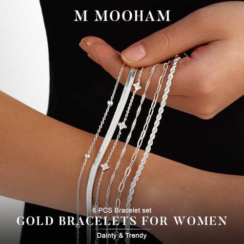 M MOOHAM Gold Bracelets Set for Women No Tarnish | 14K Gold Plated, Dainty Stackable Bracelets Stack for Women, Herringbone Paperclip Rope Cuban Chain Bracelet Set Stack - color: 2.Rope CZ Snake Set-S