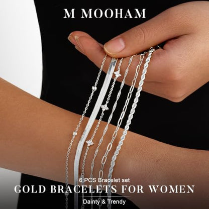 M MOOHAM Gold Bracelets Set for Women No Tarnish | 14K Gold Plated, Dainty Stackable Bracelets Stack for Women, Herringbone Paperclip Rope Cuban Chain Bracelet Set Stack - color: 2.Rope CZ Snake Set-S