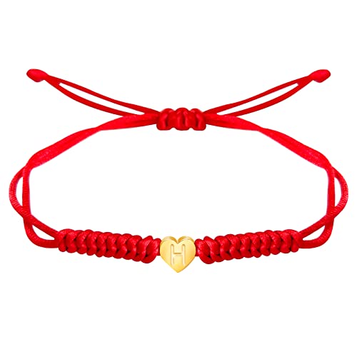 Dainty Gold Heart Love Charm Initial Bracelet Black Pink Red String Rope Letter Bracelet for Women Men Christmas Gift - color: Red