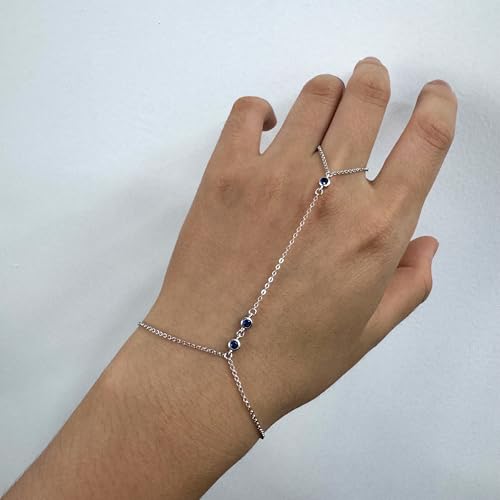 Kakikaki 925 Sterling Silver Finger Ring Bracelet Hand Chain for Women | Slave Bracelets 7" to 9" Adjustable - color: Silver, style: 3 Sapphire