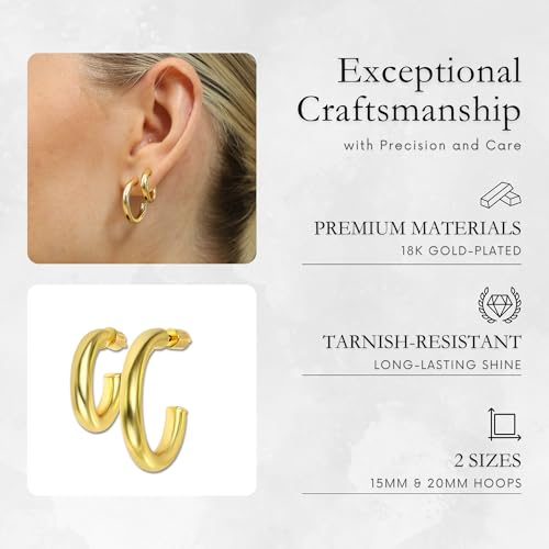 Small Gold Hoop Earrings for Women | 18K Gold Plated Non Tarnish Hoops, Classic Polished Huggie Earrings, 925 Sterling Silver Base, Twist Hoop. (4x20mm & 4x25mm, 3x15mm & 3x20mm) - color: Gold, size: Polish Hoop (3x15mm & 3x20mm)