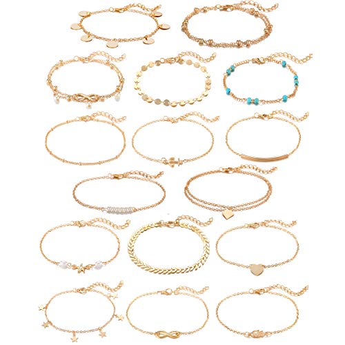 Softones 16Pcs Ankle Bracelets for Women Gold Silver Two Style Chain Beach Anklet Bracelet Jewelry Anklet Set,Adjustable Size - color: B:Gold