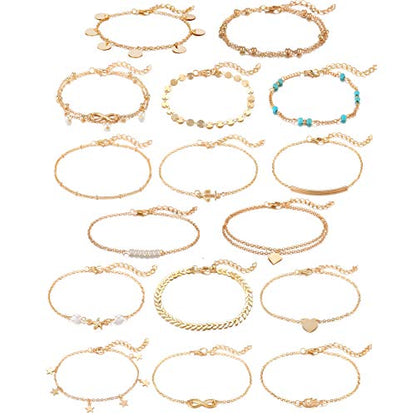 Softones 16Pcs Ankle Bracelets for Women Gold Silver Two Style Chain Beach Anklet Bracelet Jewelry Anklet Set,Adjustable Size - color: B:Gold