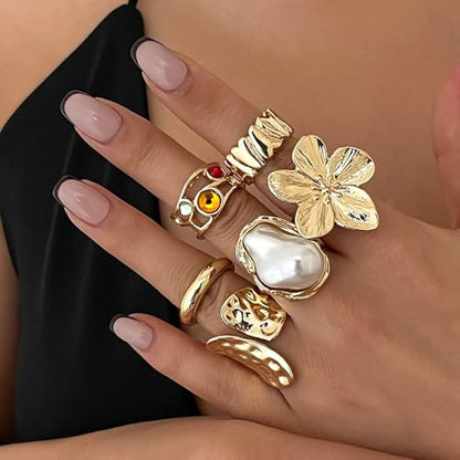 Gold Silver Chunky Ring Set for Women,Open Stacking Knuckle Statement Ring,Boho Flower Baroque Pearl Rings Set,Minimalist Aesthetic Rings Jewelry Gifts