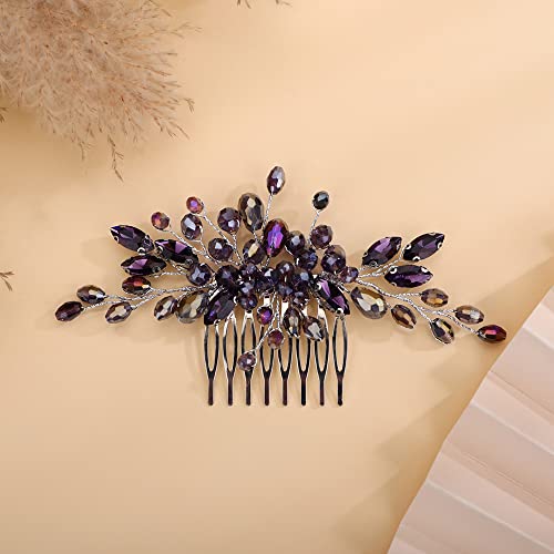 Teyglen Rhinestone Wedding Headpieces Bridal Purple Crystal Hair Comb Hair Accessories for Bride Handmade Red Black Blue Hair Pieces for Women Girls - color: Purple