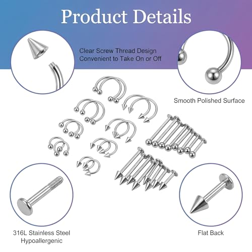 32 Pcs Horseshoe Septum Nose Lip Rings Labret Jewelry Barbell Ring Snake Bite Spike Piercing Stud Stainless Steel Vertical Helix Earring Daith Tragus Cartilage Studs for Women Men, 16G
