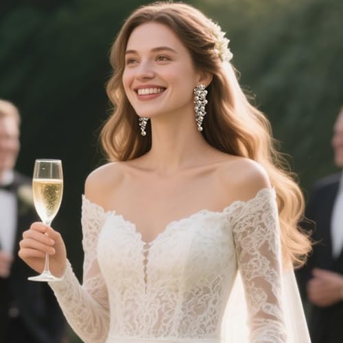 BriLove Women's Wedding Bridal Crystal Simulated Pearl Multi Beaded Cluster Chandelier Dangle Earrings - color: Ivory Color