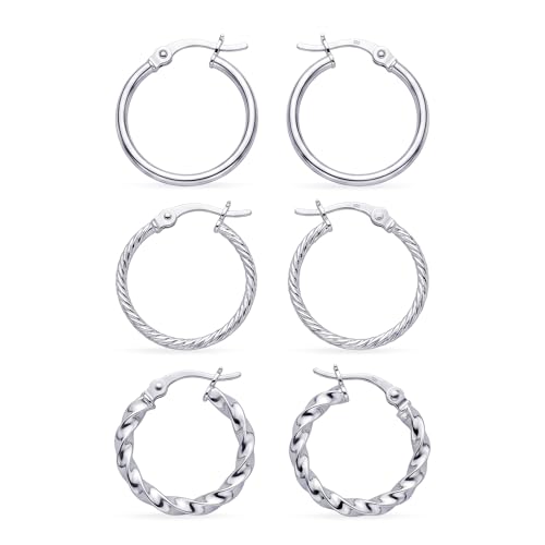 Charmsy Set of 3 Pairs 925 Sterling Silver Hoop Earrings for Women | Lightweight Italian 2.5mm Tube Diamond-Cut Classic Texured Click-Top Hoops Earring | Size 12/13/15/18/20/25mm - color: Tri-PAIR-18mm
